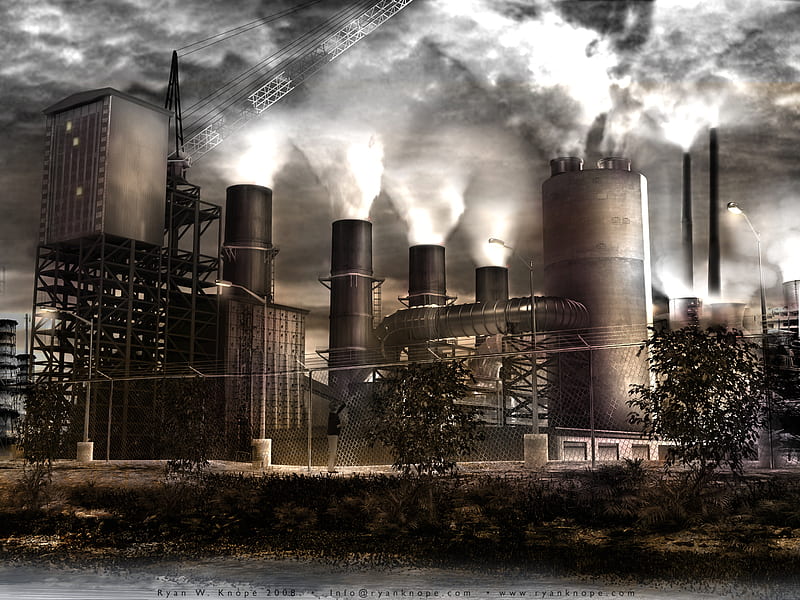 'Global Warming', fence, smog, sepia, streetlight, crane, trees, clouds, illustration, building, ironwork, pollution, person, global warming, environment, smoke, factory, HD wallpaper