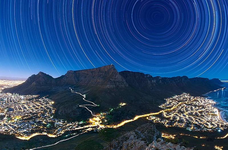 Star Trails above Table Mountain, stars, cool, space, mountains, nature, fun, HD wallpaper