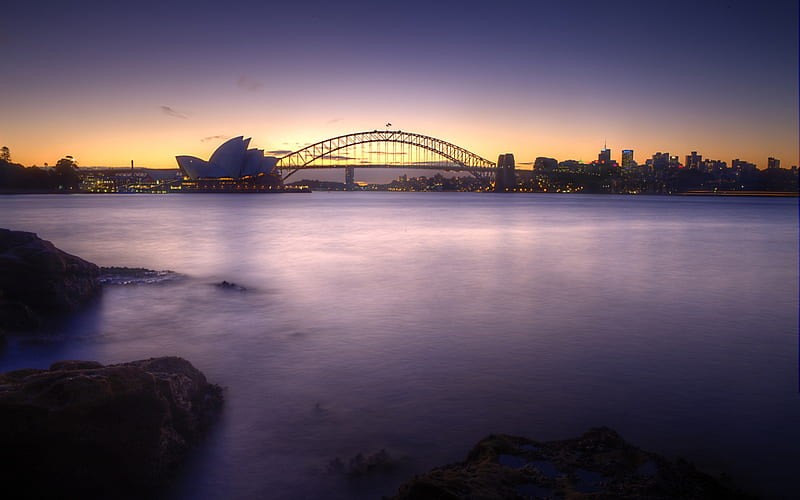 Sydney, Australia, sydney, bonito, clouds, sea, lights, city, splendor, bridge, skyline, australia, beauty, amazing, lovely, view, ocean, buildings, sky, skyscrapers, building, purple, peaceful, nature, HD wallpaper