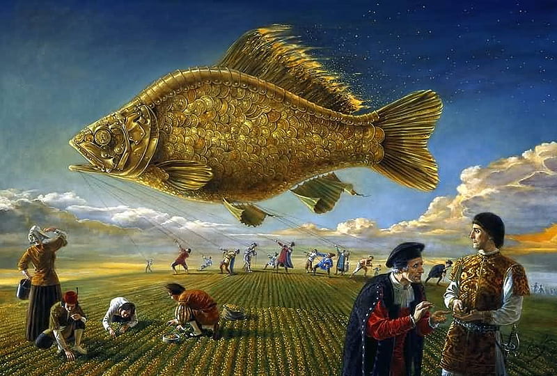 Michael Cheval art, art, nobles, cloud, fish, surrealist, sky, peasants, painting, work, michael cheval, field, blue, HD wallpaper