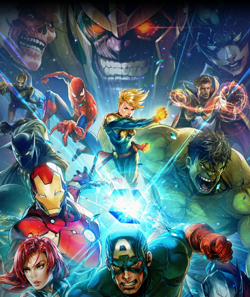 Marvel, captain america, spider-man, red skull, captain marvel, thanos, black widow, hulk, doctor strange, heros, HD phone wallpaper
