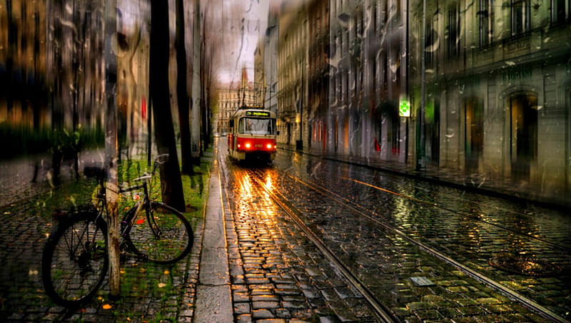 Summer's Rain, architecture, red, tram, houses, dusk, rain, street, HD wallpaper