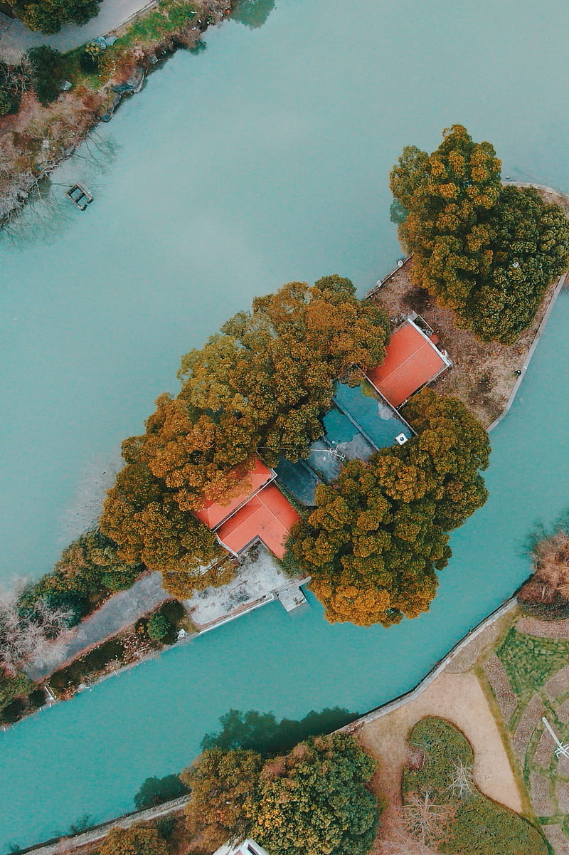 aerial of house with red roof in an islet, HD phone wallpaper