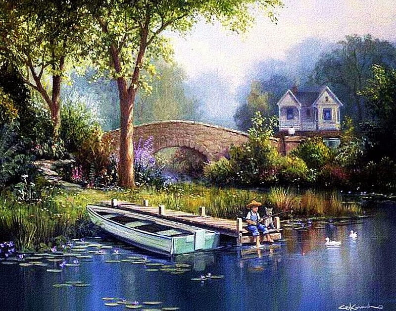 Cozy Corner, boat, peer, cottage, painting, children, river, trees, artwork, HD wallpaper