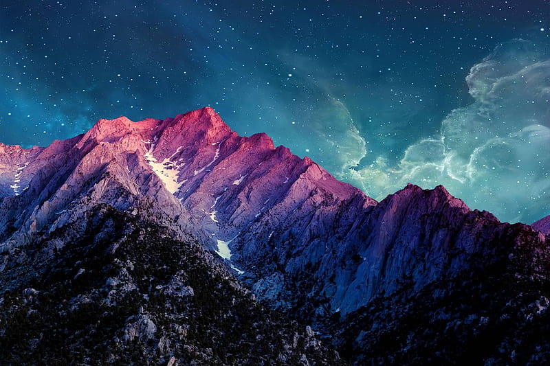 stary mountain, mountain, stars, cool, space, nature, fun, HD wallpaper