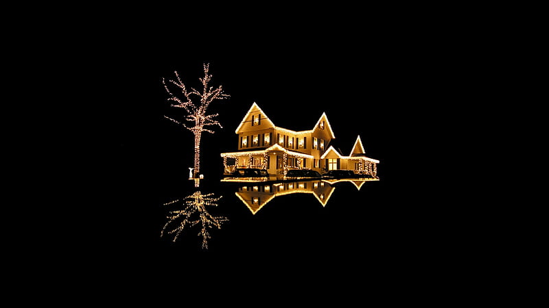 Christmas House, tree, house, christmas, black, reflection, minimalist, lights, HD wallpaper
