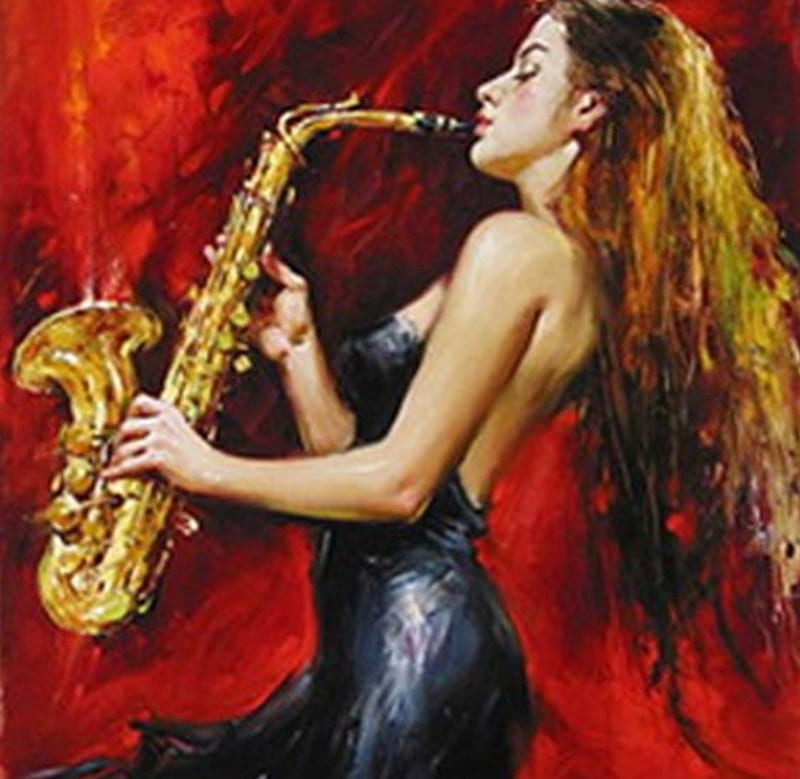 solo saxophone, art, girl, drawing, painting, saxophone, HD wallpaper