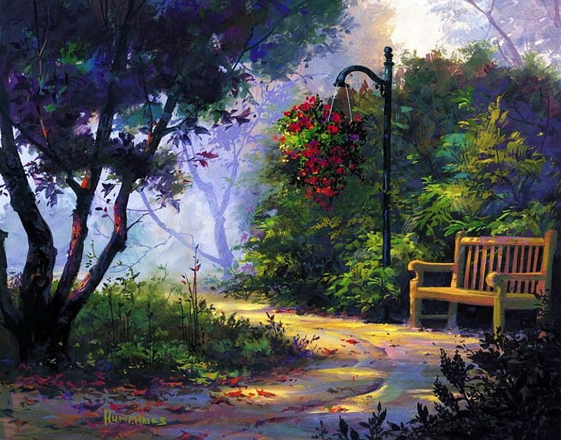 Rest Stop, painting, flowers, bench, path, sunshine, park, artwork, HD wallpaper