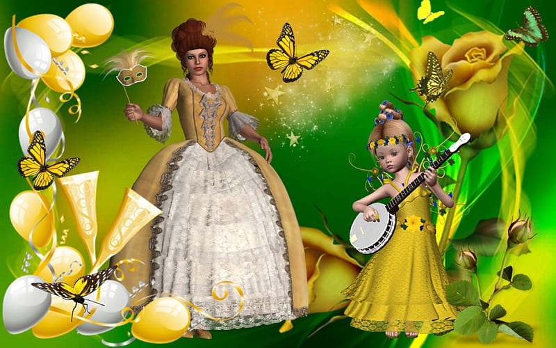 Carneval, butterfly, girl, rose, yellow, fairy, HD wallpaper