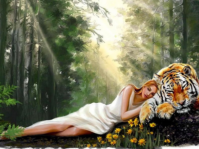 Friends, fantasy, tiger, girl, HD wallpaper