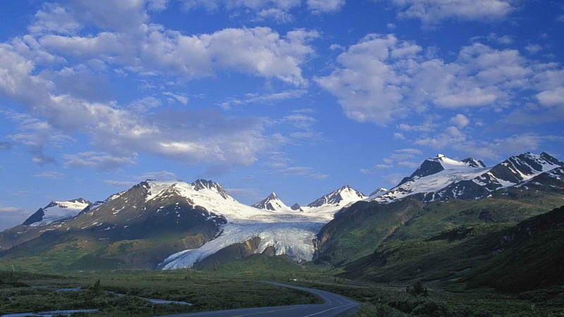 highway to a glacier in alaska, highway, clacier, clouds, mountains, HD wallpaper