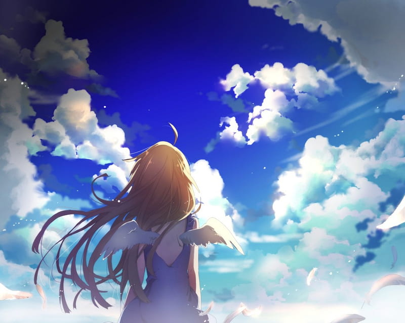 The Lonely Angel, wings, anime, angel, blonde, clouds, long hair, sky, feathers, HD wallpaper