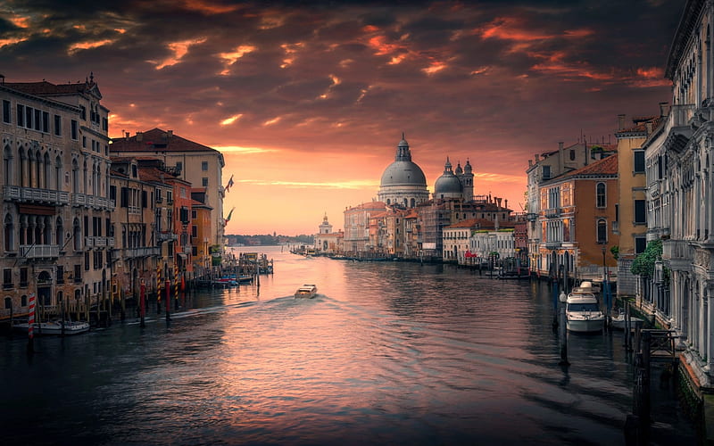 Venice, Italy, sunset, canal, houses, romantic places, boats, HD wallpaper