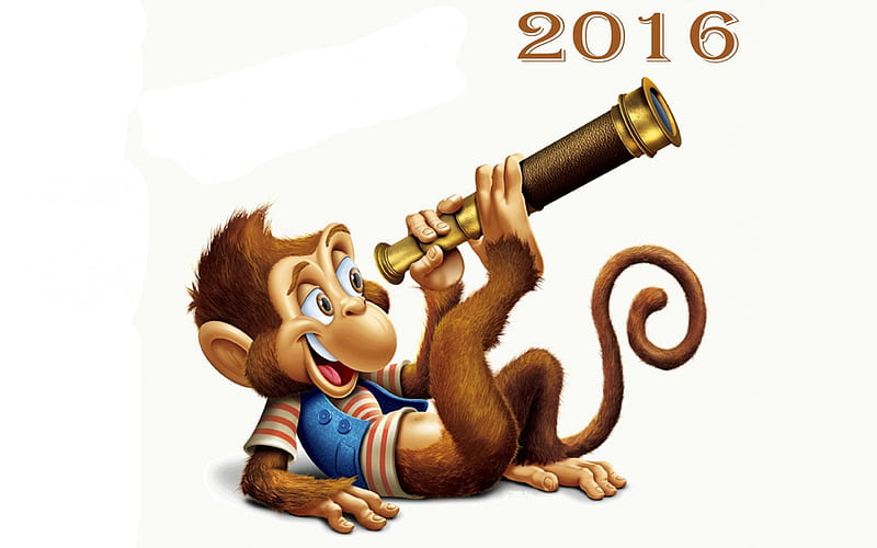 Happy New Year!, 2016, monkey, zodiac, new year, chinese, funny, white, animal, HD wallpaper