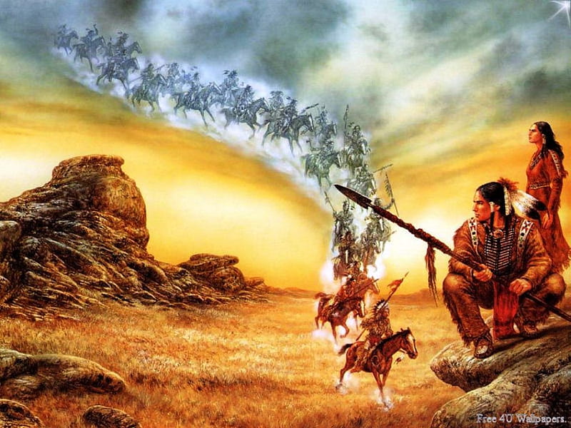 Native Warriors, warriors, rock, people, native, american, sky, horses, HD wallpaper