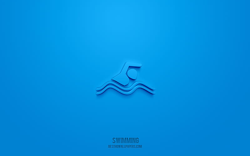 Swimming 3d icon, blue background, 3d symbols, Swimming, Sports icons, 3d icons, Swimming sign, Sports 3d icons, HD wallpaper