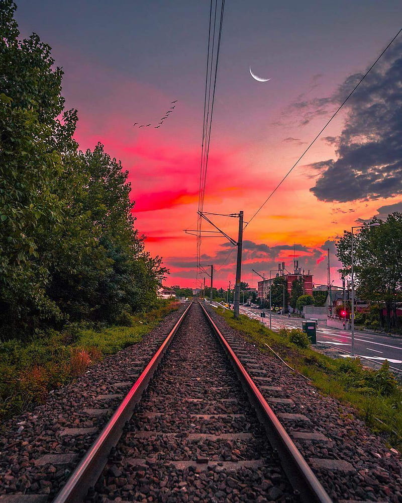 Sunset, railway tracks, nature, lovely, train, travel, railway, india, america, world, graphy, HD phone wallpaper