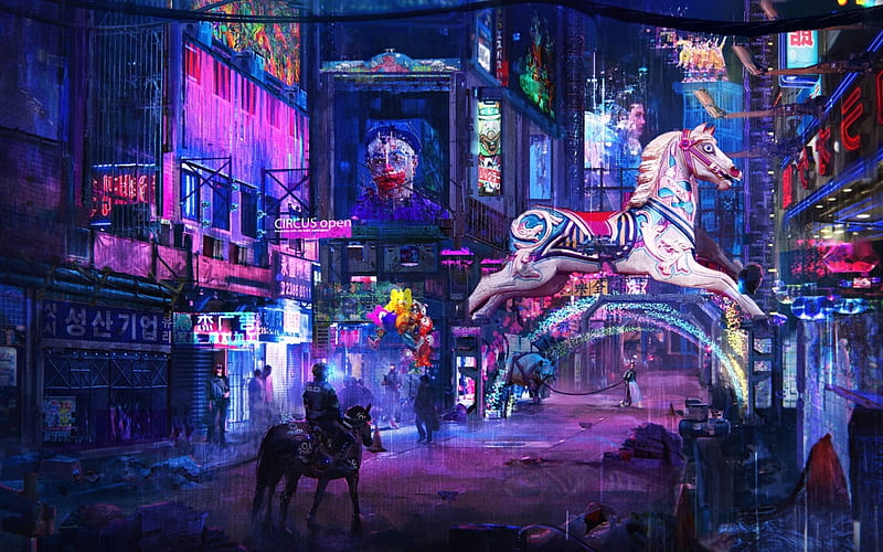 Circus, synthpop, fantasy, luminos, man, cyberpunk, pink, blue, HD wallpaper