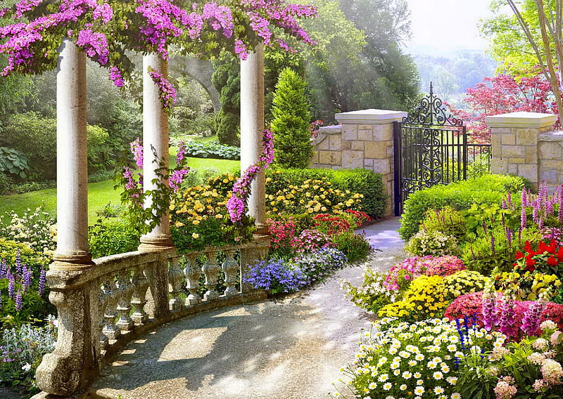 Romantic place, house, romantic, flowers, place, garden, walk, spring,  alley, HD wallpaper | Peakpx