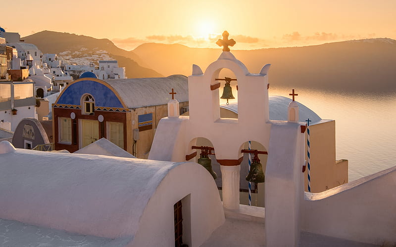 Santorini, Thira island, sunset, bell tower, seascape, white houses, beautiful island, Greece, HD wallpaper