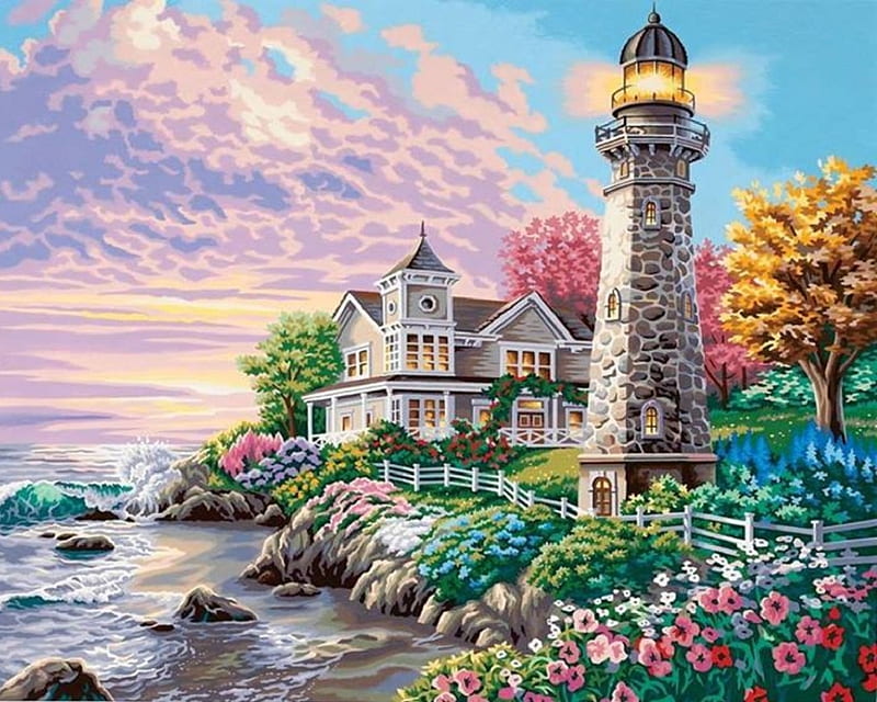 Spring Lighthouse, oceans, cottages, houses, love four seasons, attractions in dreams, spring, paintings, summer, garden, lighthouses, flowers, nature, HD wallpaper