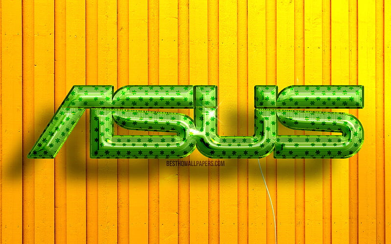 Asus 3D logo green realistic balloons, yellow wooden backgrounds, brands, Asus logo, Asus, HD wallpaper