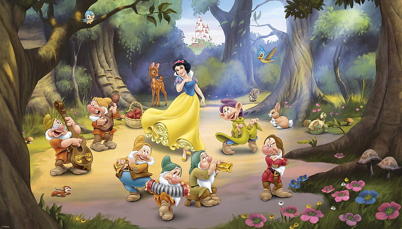 Snow White and the Seven Dwarfs, forest, fantasy, girl, snow white, princess, dwarf, animal, disney, HD wallpaper