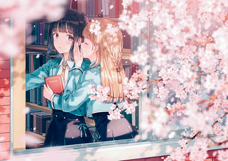anime school girls, friends, library, whispering, blonde, cuteness, sakura blossom, Anime, HD wallpaper
