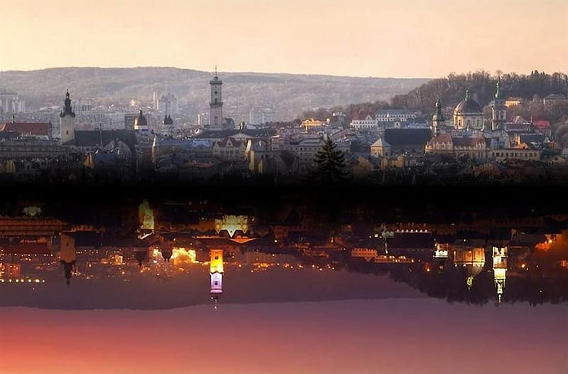 Lviv - day and night, cities, graphy, ukrainian cities, ukraine, HD wallpaper