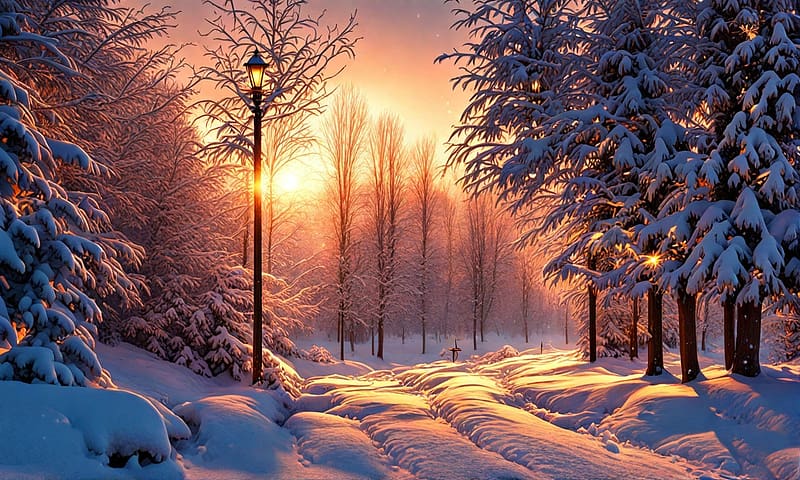 Evening winter light, erdo, fak, lampa feny, havas, utak, ho, tel, erdei ut, este, HD wallpaper