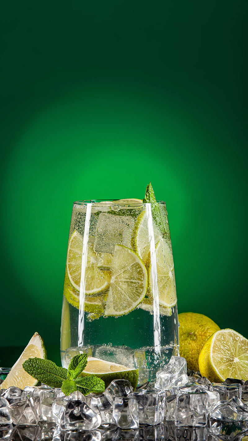 Lemon drink, cold, cup, green, ice, lemons, mint, soda, vodka, HD phone wallpaper
