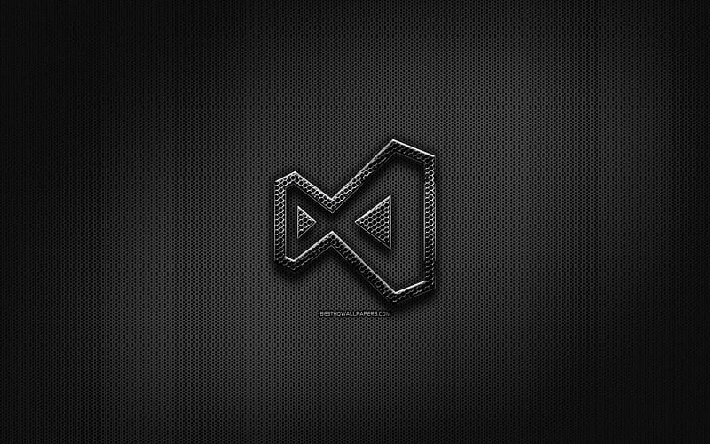 Visual studio black logo, programming language, grid metal background, Visual studio, artwork, creative, programming language signs, Visual studio logo, HD wallpaper