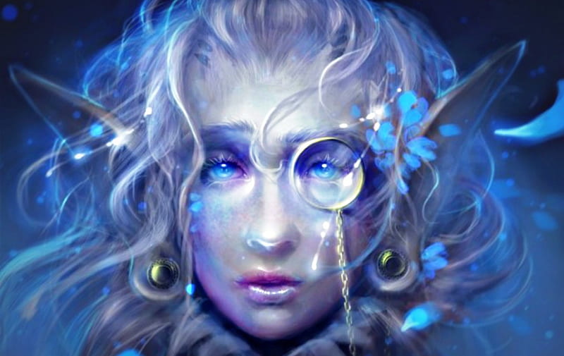 Blue Petal, art, elf, ears, glasses, petal, woman, helen rusovich, fantasy, girl, face, pink, blue, HD wallpaper