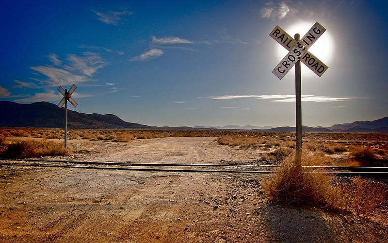 desert, mountains, railway crossing, HD wallpaper