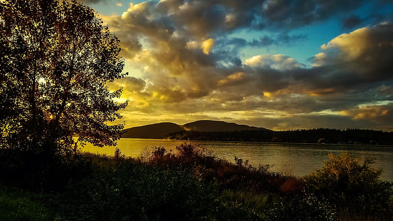 Guemes Channel, Puget Sound, Washington, at Golden Hour, hills, tree, usa, colors, sky, clouds, landscape, HD wallpaper