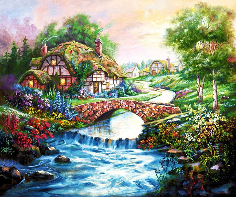 Claverly Brook Cottage, countryside, house, Bridge, River, painting, artwork, HD wallpaper