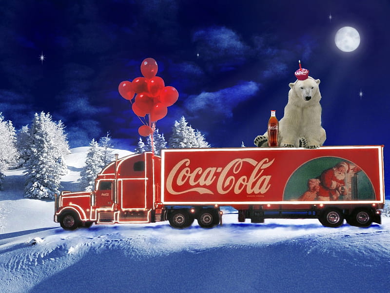 Coca-Cola truck and bear, christmas tree, christmas, bear, coca-cola truck, winter, moon, snow, coca-cola, truck, night, HD wallpaper