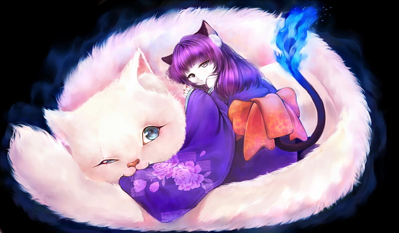 Neko Girl and cat, bonito, cat, woman, cute, girl, purple, anime, beauty,  pink, HD wallpaper