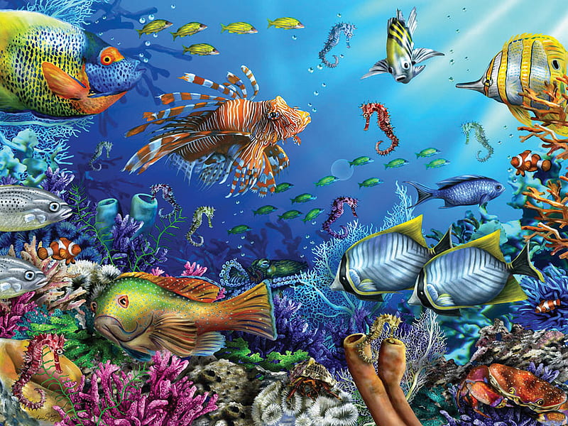 MARINE LIFE ON THE REEF, water, marine, fish, ocean, HD wallpaper