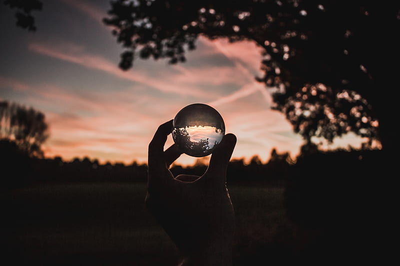 ball, glass, hand, sunset, transparent, HD wallpaper