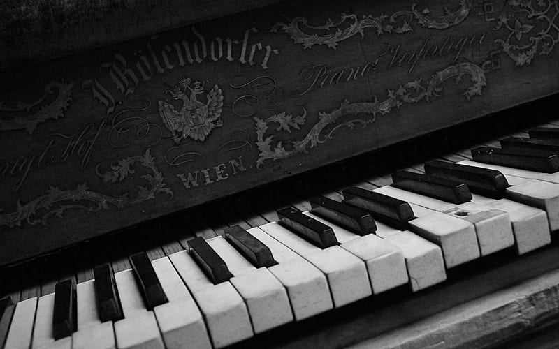 Piano, music, black and white, piano keys, old, shabby, HD wallpaper