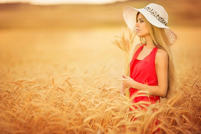 Happy day , girl in red dress, blonde, beauty, nature, field spikes, hat, HD wallpaper