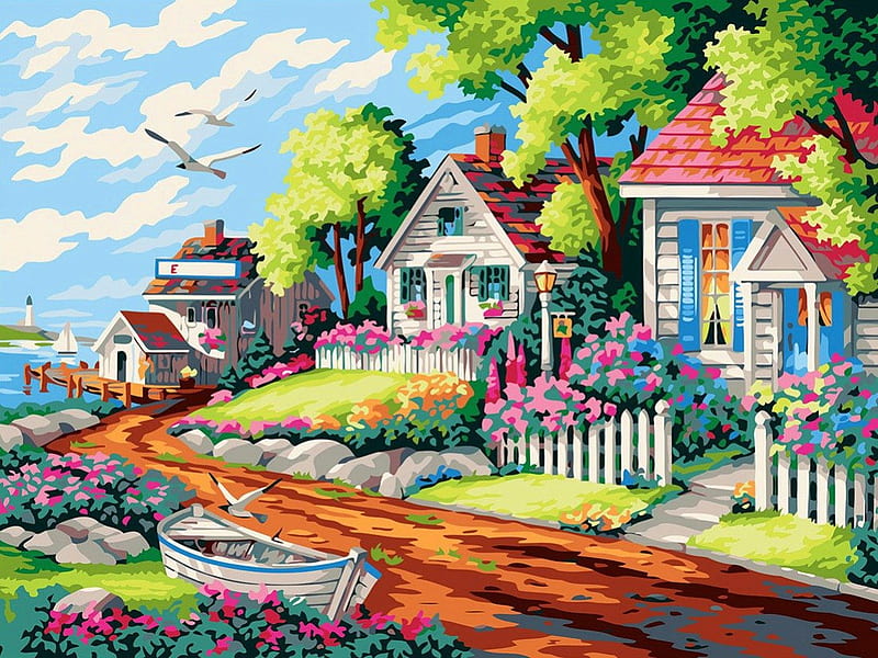 Rural landscape, colorful, house, shore, cottage, cabin, bonito, sea, countryside, nice, boat, painting, village, flowers, rural, art, rustic, quiet, calmness, lovely, birds, sky, trees, yard, serenity, peaceful, garden, nature, coast, HD wallpaper