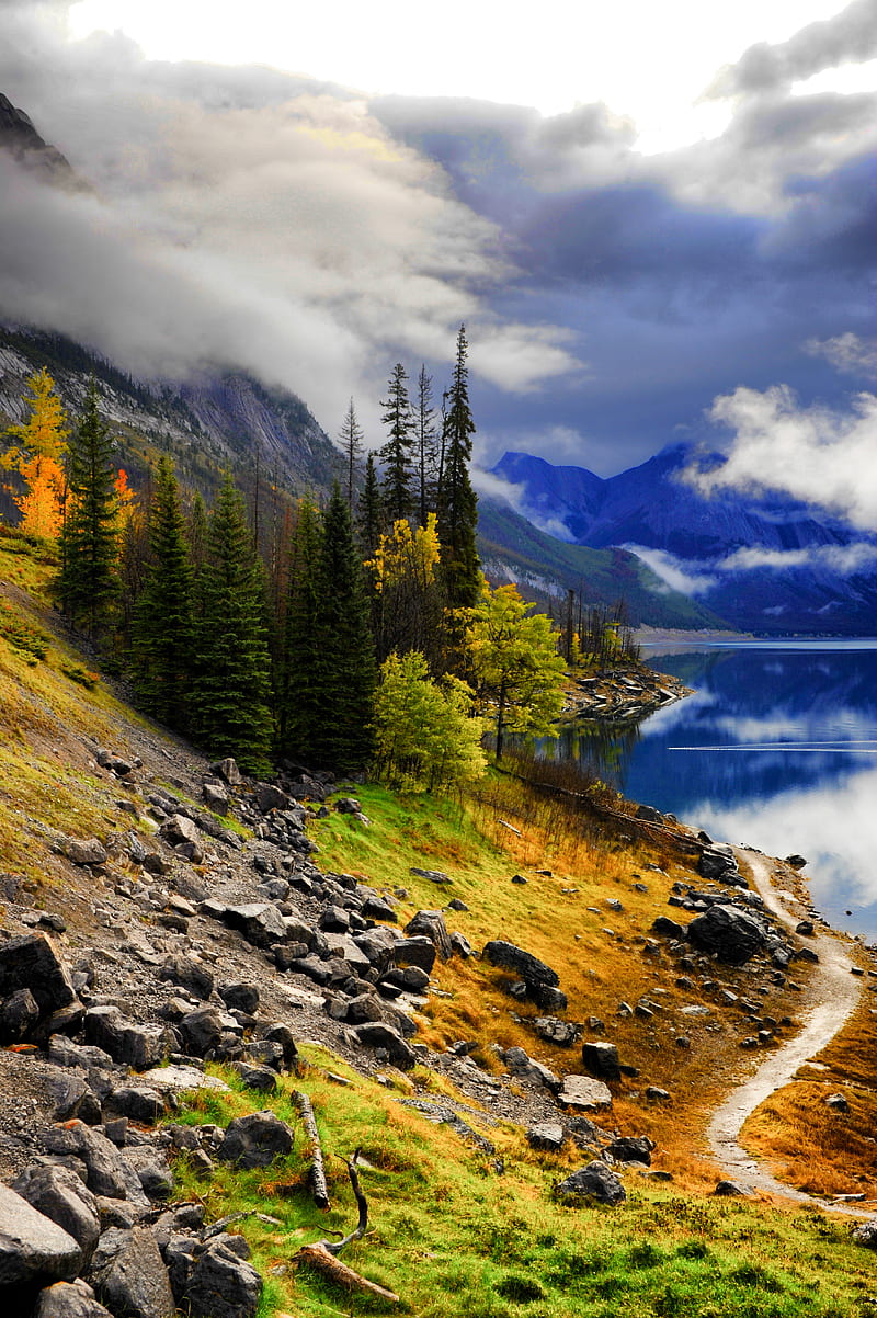 landscape, lake, mountains, trees, slope, path, HD phone wallpaper