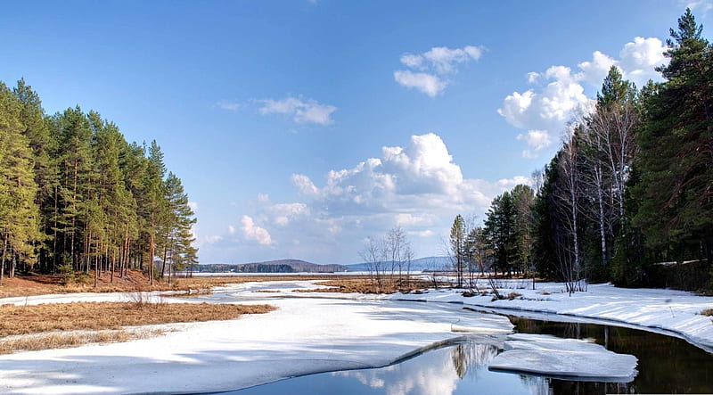 Snow melting spring, nature, lake, landscape, scene, winter, wilderness, snow, reflection, HD wallpaper
