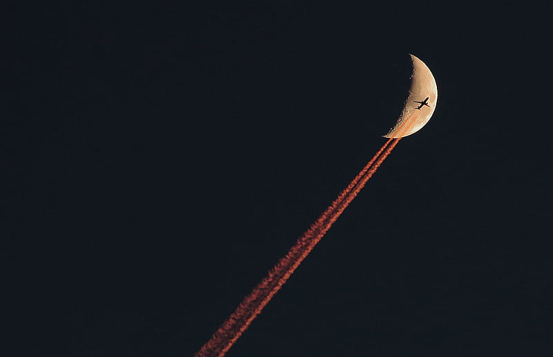 Plane Crossing a Crescent Moon, space, aircraft, moon, cool, fun, commercial, HD wallpaper