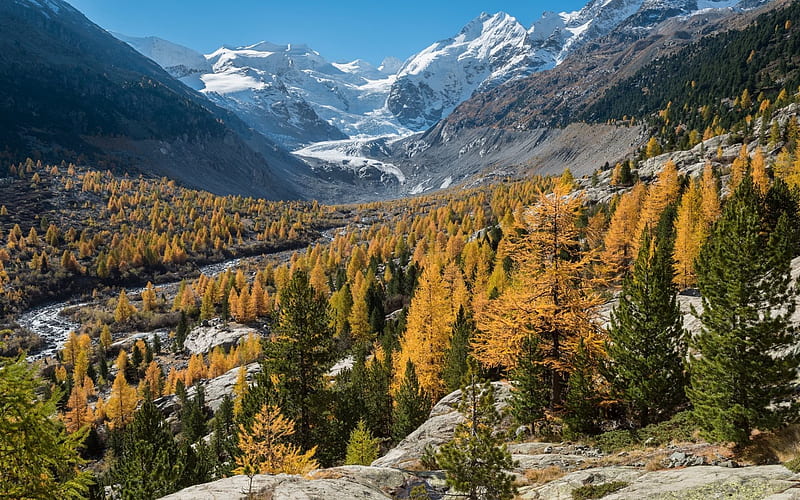 Glacier, mountains, river, mountain landscape, Alps, Graubunden, Switzerland, HD wallpaper