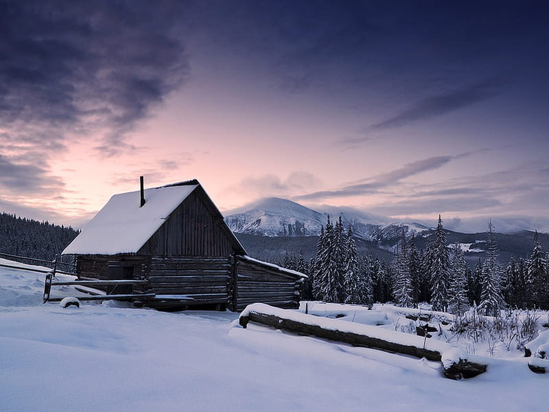 Winter, architecture, house, cottage, bonito, sunset, clouds, beauty, lovely, view, houses, colors, sky, trees, snow, mountains, peaceful, nature, landscape, HD wallpaper Winter, architecture, house, cottage, bonito, sunset, clouds, beauty, lovely, view, houses, colors, sky, trees, snow, mountains, peaceful, nature, landscape, HD wallpaper