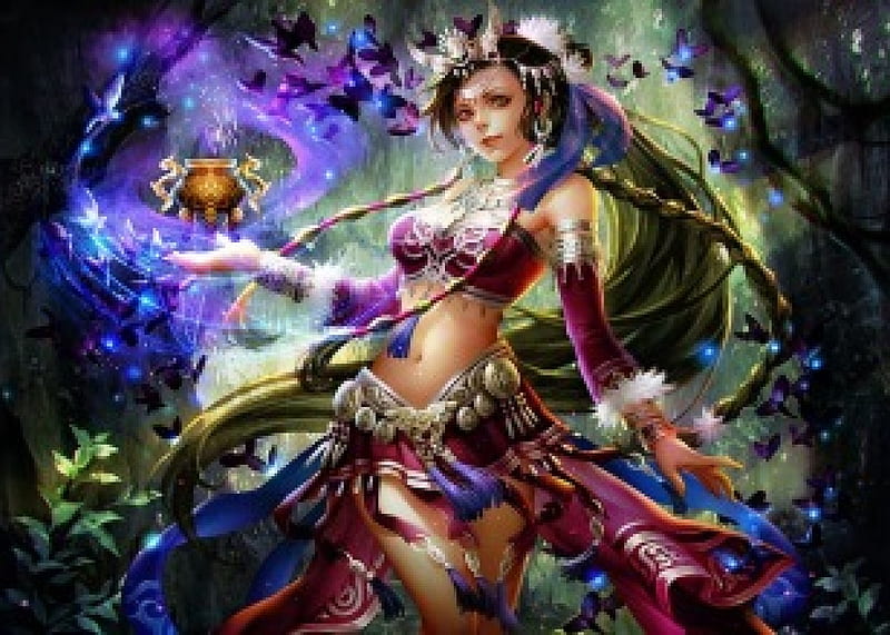 Queen of the Butterfly Fairies, forest, butterfly, queen, fairies, spell, HD wallpaper