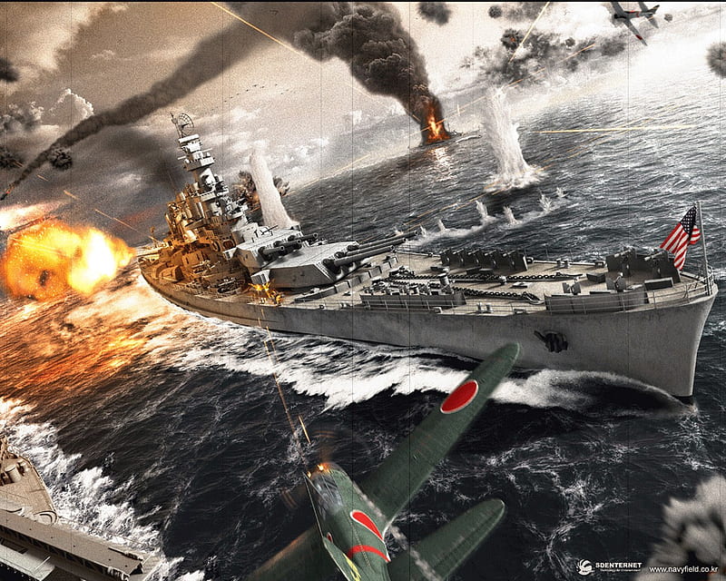 Navy Field action, fighter, damage, ocean, balst, game, adventure, sea, fire, aircraft, ship, HD wallpaper